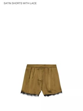 ZARA NWT, Satin Lace Trim Shorts in Olive, size M